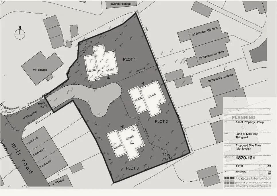 Proposed site plan for three residential plots on land at Mill Road, Thingwall